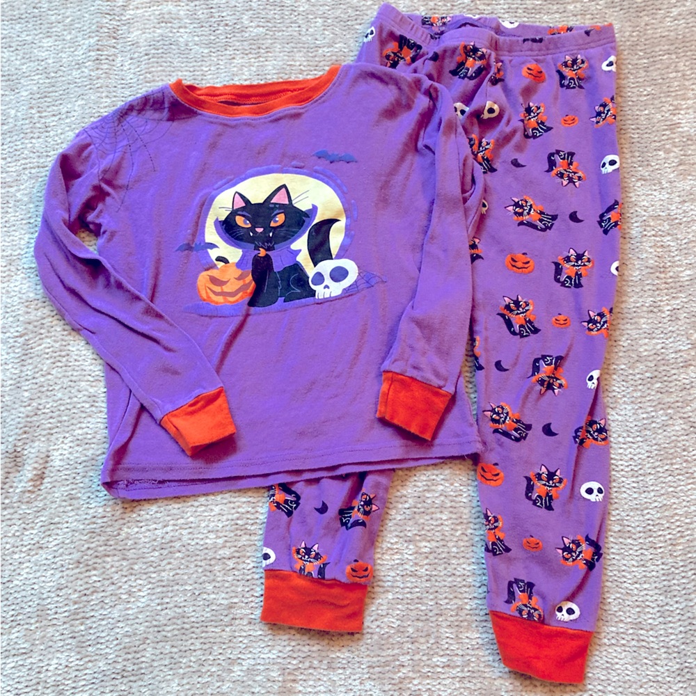 Girls Black Cat Halloween Pajama Set Vampire Kitten Jack-O-Lantern Size 8